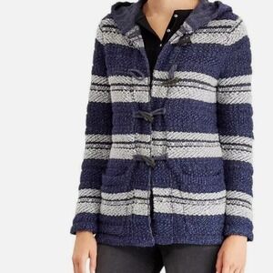 Chaps Striped Hooded Chunky Cardigan Toggles Oversized‎ Blue S Western Boho Cozy